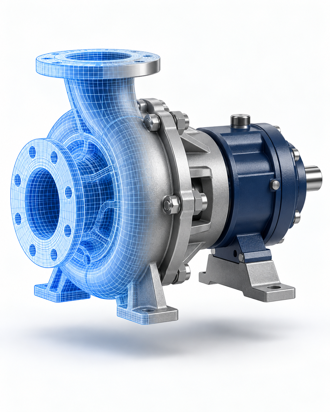 Centrifugal pump transitioning from CAD wireframe to finished product render
