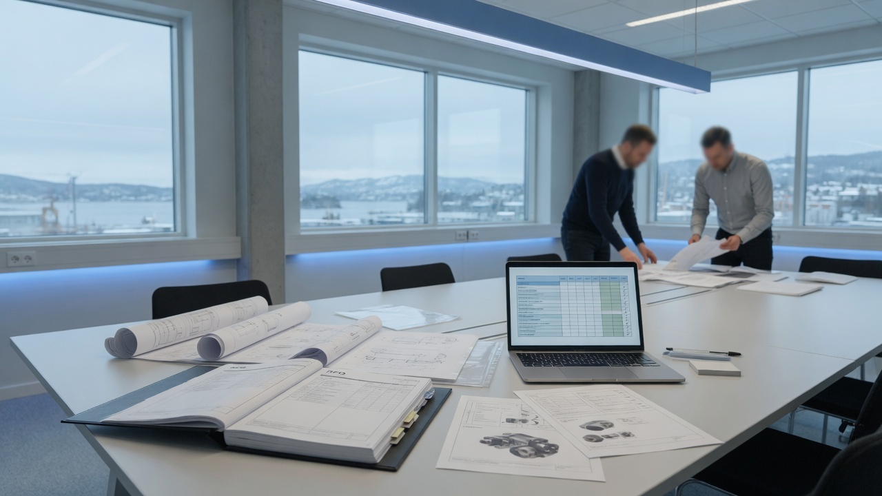 Technical drawings, RFQ binder and requirements matrix on a meeting table