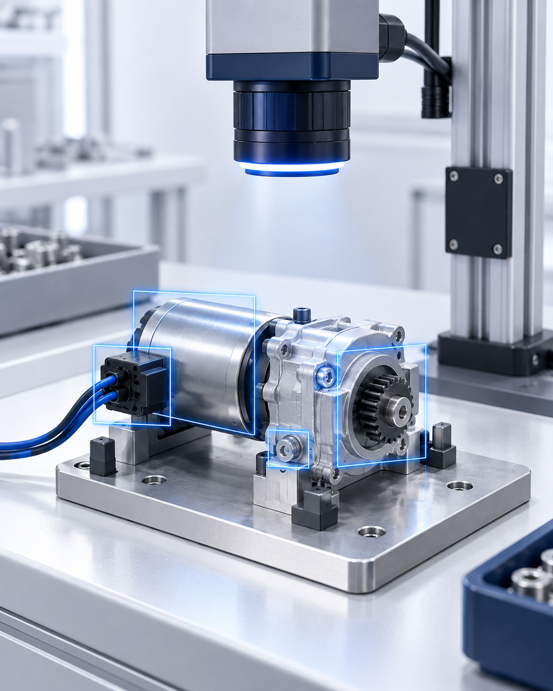 Industrial camera inspecting a gearbox assembly with detection overlays